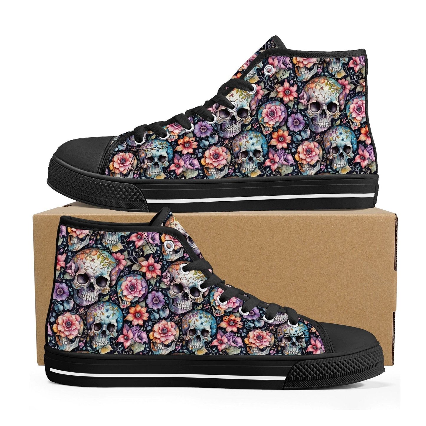 Pastel Floral and Skulls Men's High Top Canvas Shoes - DeRose Seasonal