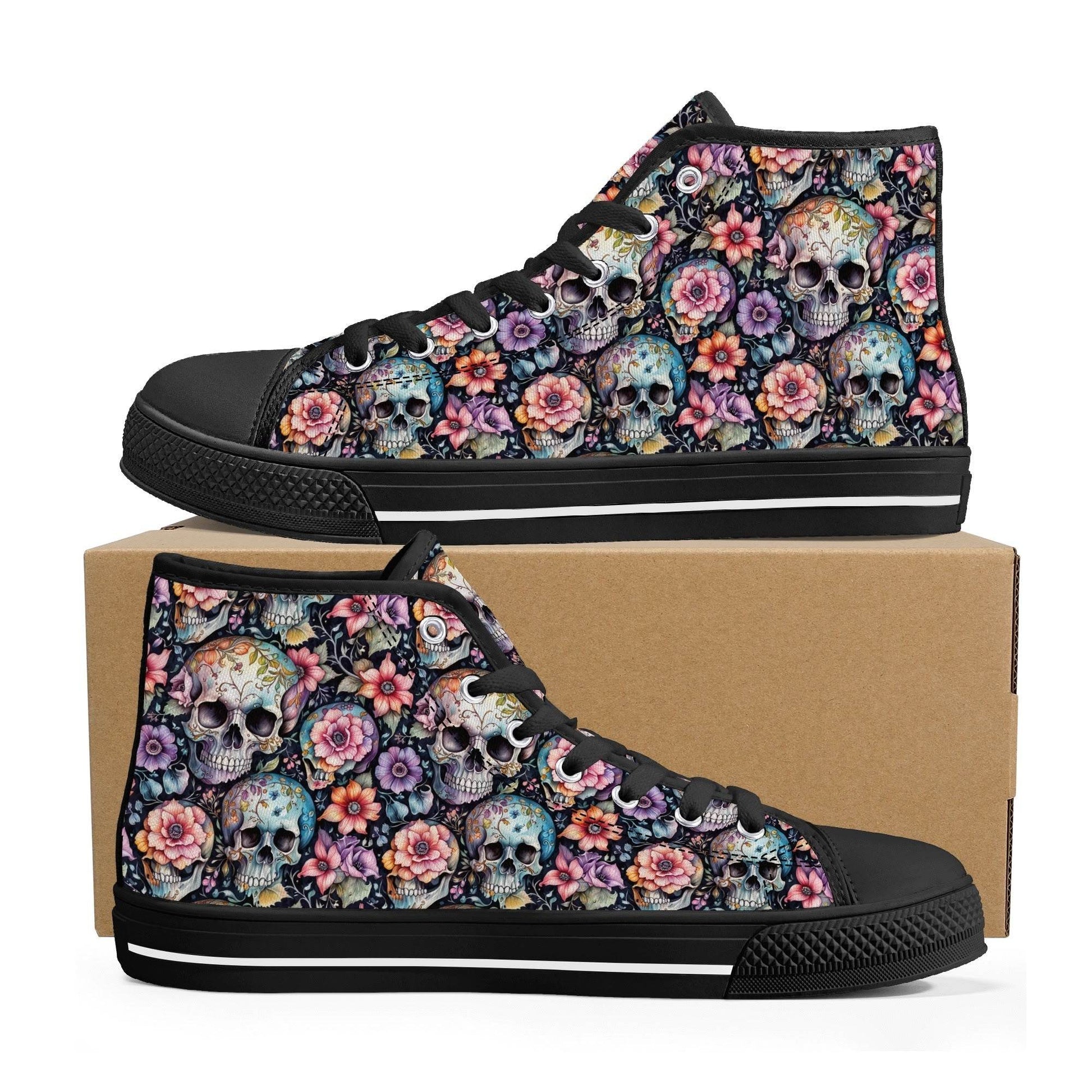 Pastel Floral and Skulls Men's High Top Canvas Shoes - DeRose Seasonal