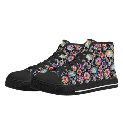 Pastel Floral and Skulls Men's High Top Canvas Shoes - DeRose Seasonal