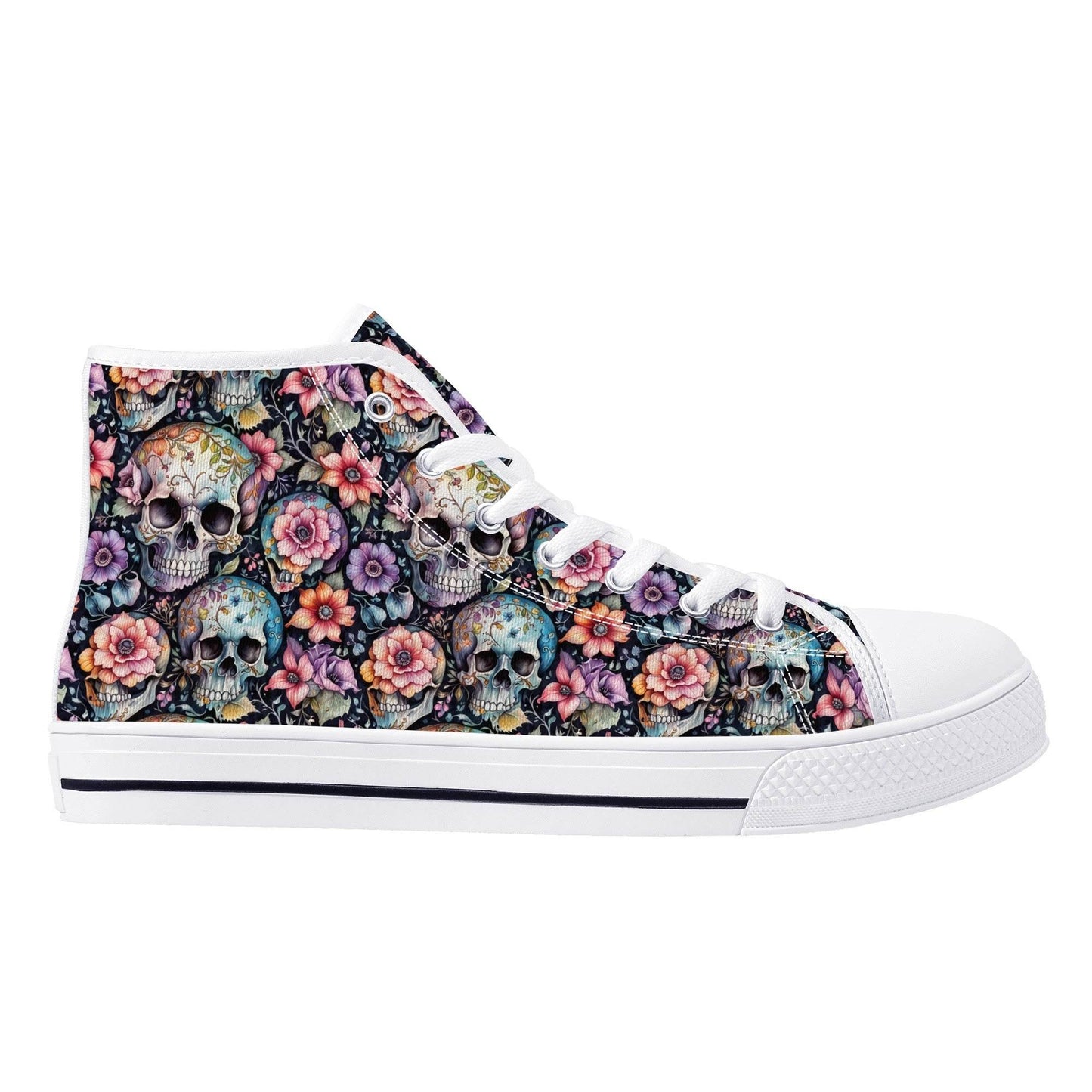 Pastel Floral and Skulls Men's High Top Canvas Shoes - DeRose Seasonal