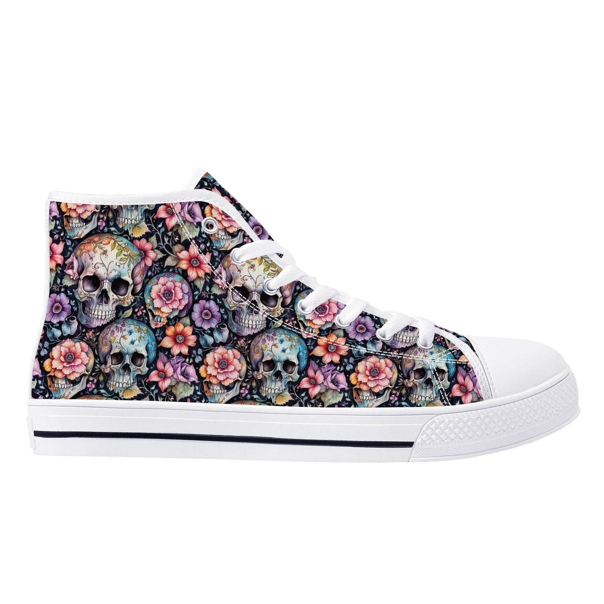 Pastel Floral and Skulls Men's High Top Canvas Shoes - DeRose Seasonal