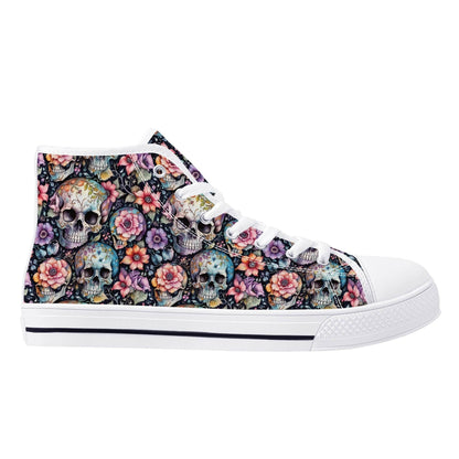 Pastel Floral and Skulls Men's High Top Canvas Shoes - DeRose Seasonal