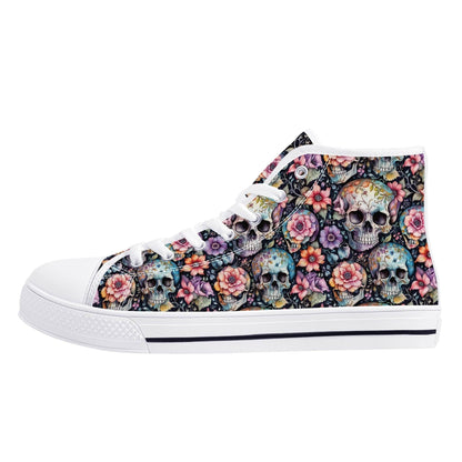 Pastel Floral and Skulls Men's High Top Canvas Shoes - DeRose Seasonal