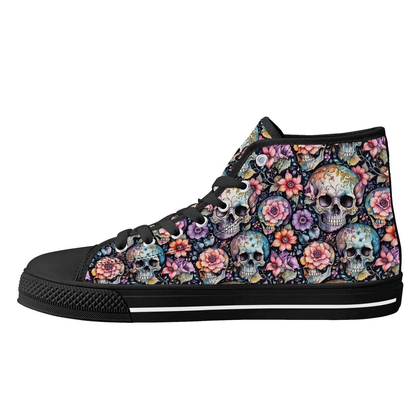 Pastel Floral and Skulls Men's High Top Canvas Shoes - DeRose Seasonal