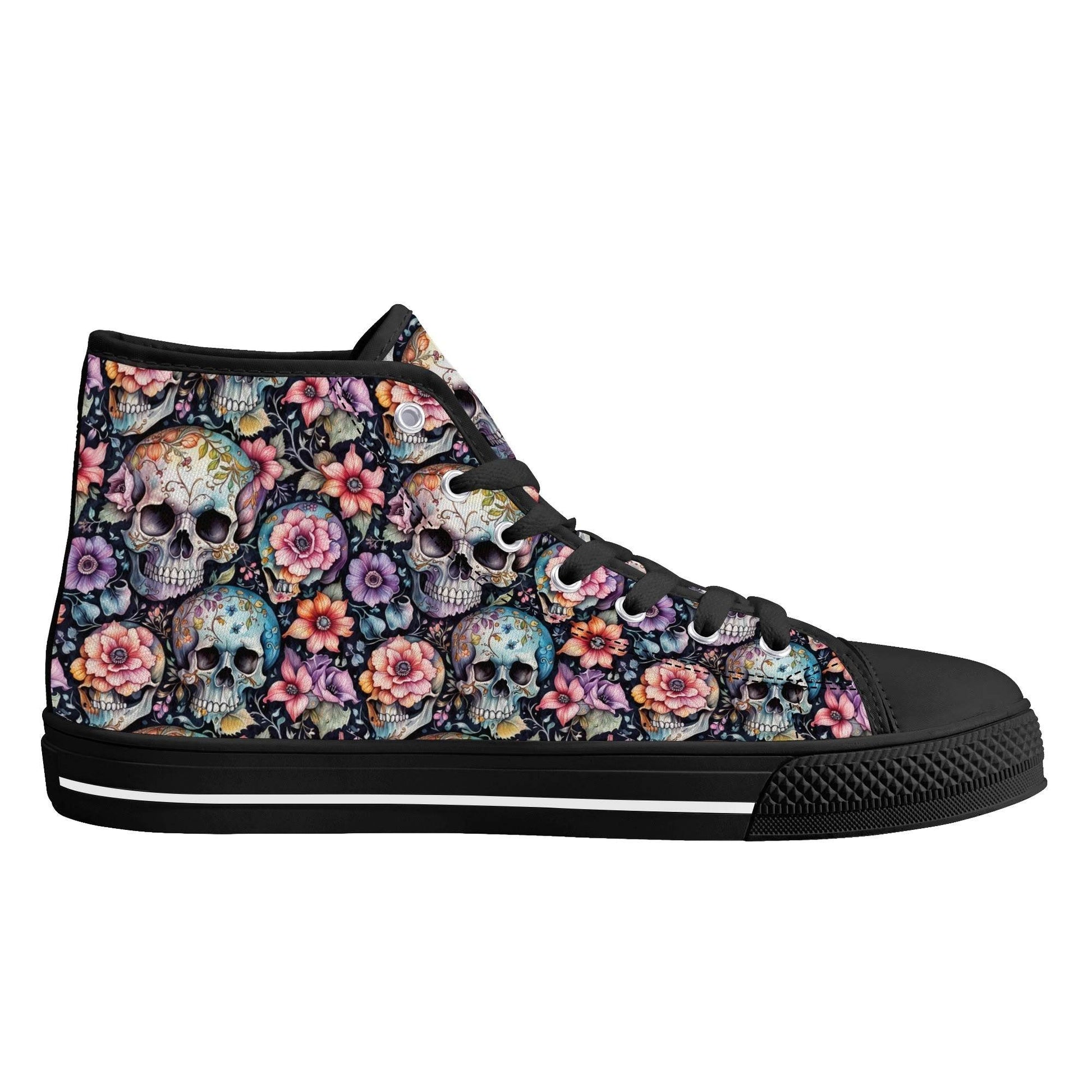 Pastel Floral and Skulls Men's High Top Canvas Shoes - DeRose Seasonal