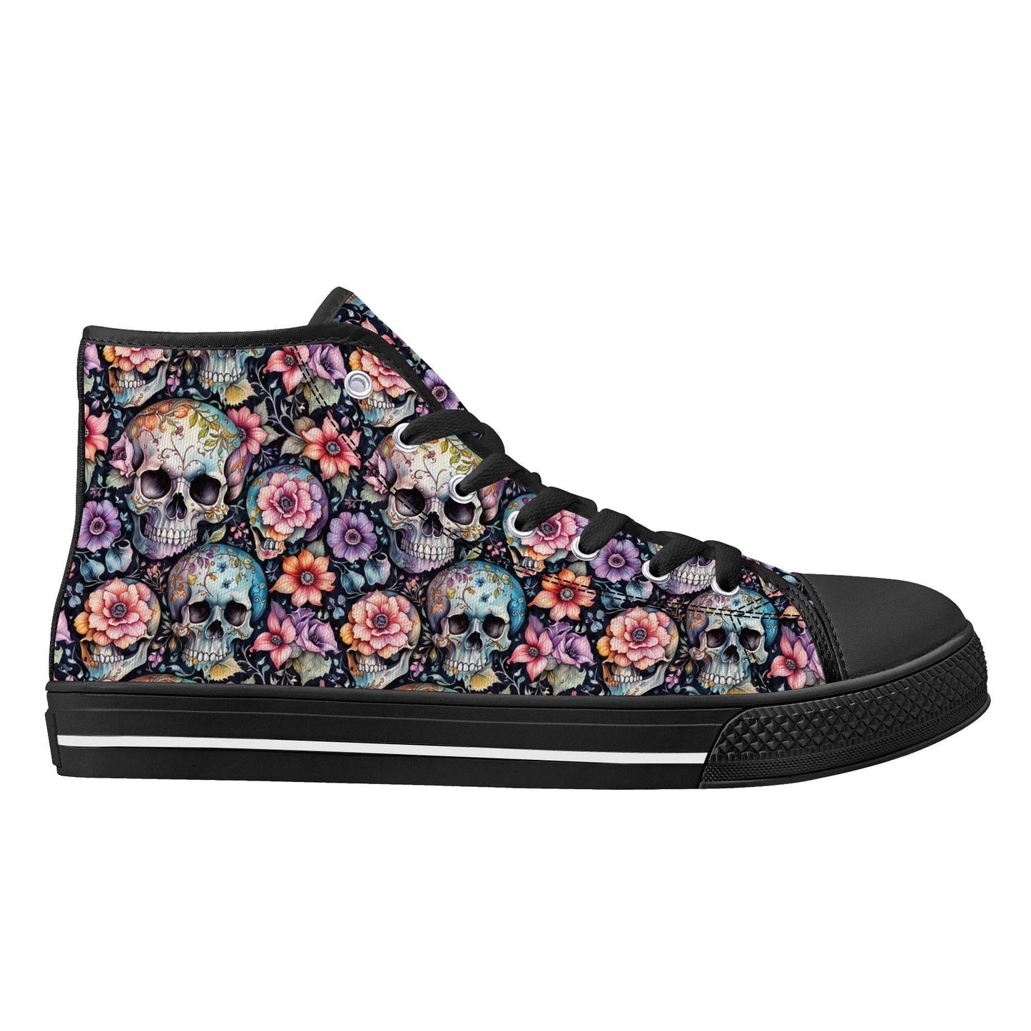 Pastel Floral and Skulls Men's High Top Canvas Shoes - DeRose Seasonal