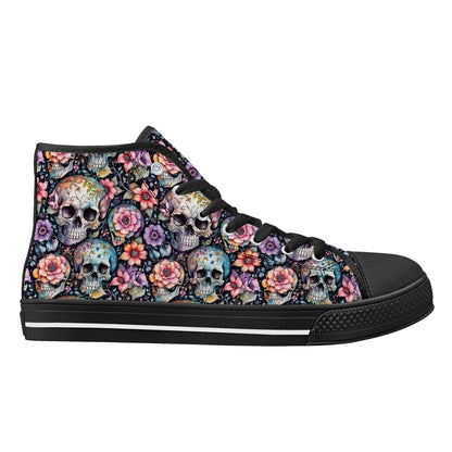 Pastel Floral and Skulls Men's High Top Canvas Shoes - DeRose Seasonal