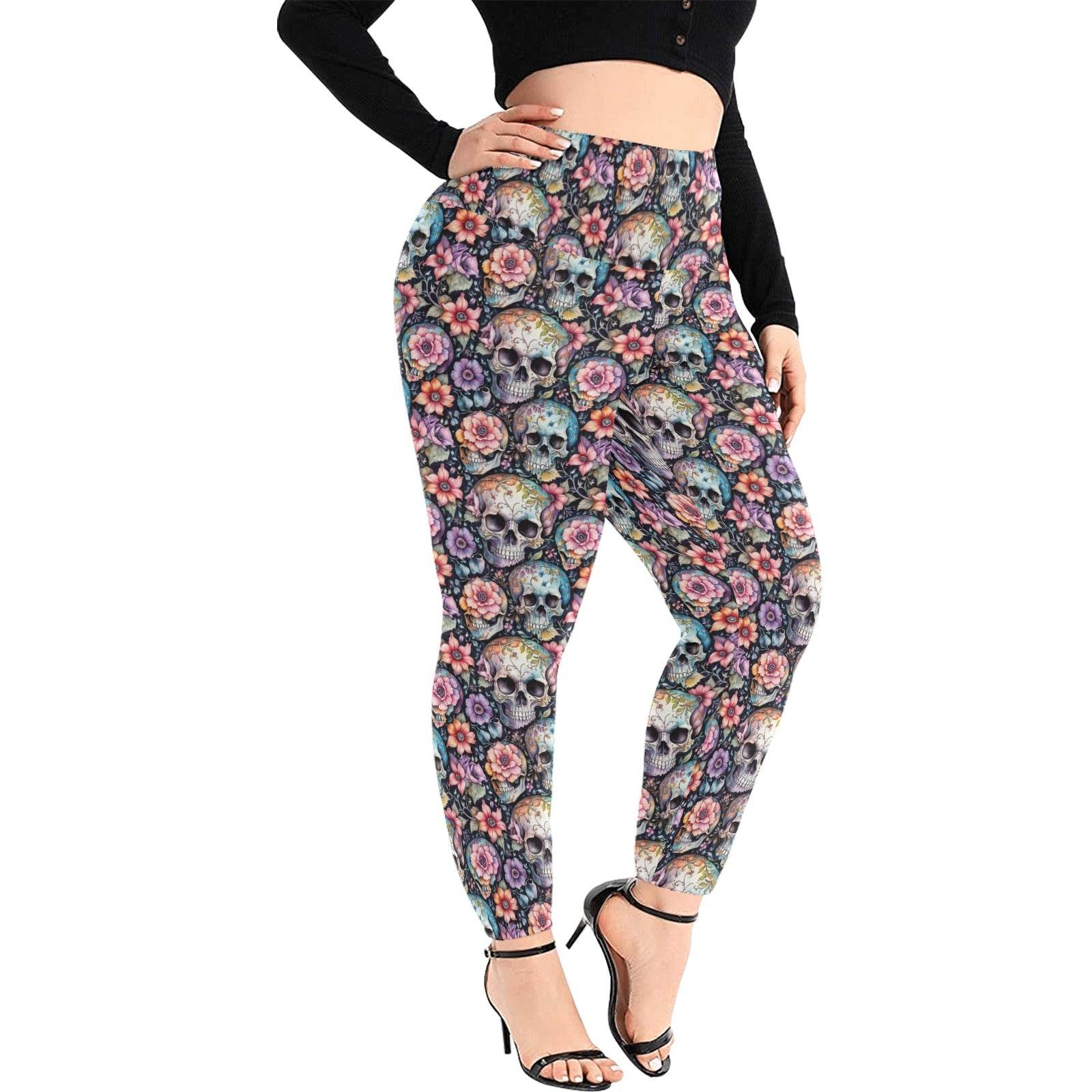 Pastel Floral and Skulls Women's Plus Size High Waited Leggings Women's High Waist Leggings(Plus Size)(ModelL45) - DeRose Seasonal