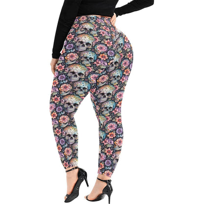 Pastel Floral and Skulls Women's Plus Size High Waited Leggings Women's High Waist Leggings(Plus Size)(ModelL45) - DeRose Seasonal