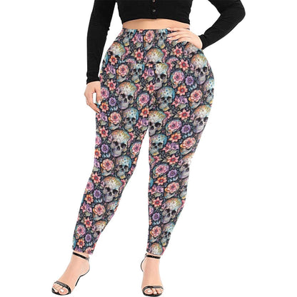 Pastel Floral and Skulls Women's Plus Size High Waited Leggings Women's High Waist Leggings(Plus Size)(ModelL45) - DeRose Seasonal