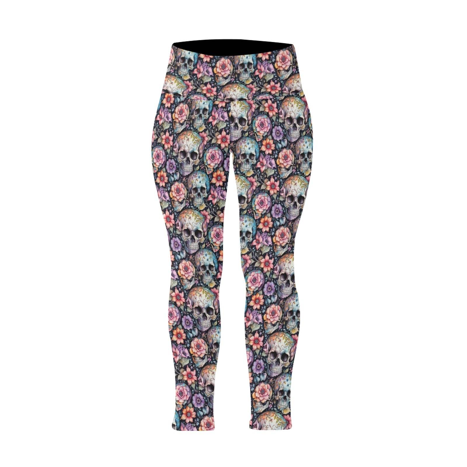 Pastel Floral and Skulls Women's Plus Size High Waited Leggings Women's High Waist Leggings(Plus Size)(ModelL45) - DeRose Seasonal