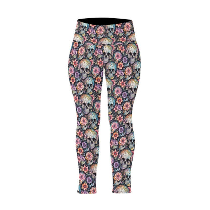 Pastel Floral and Skulls Women's Plus Size High Waited Leggings Women's High Waist Leggings(Plus Size)(ModelL45) - DeRose Seasonal