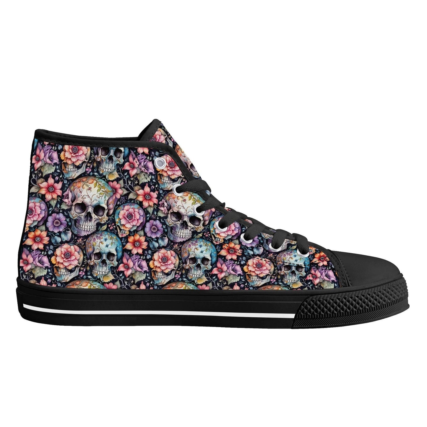 Pastel Floral and Skulls Women's High Top Canvas Shoes - DeRose Seasonal