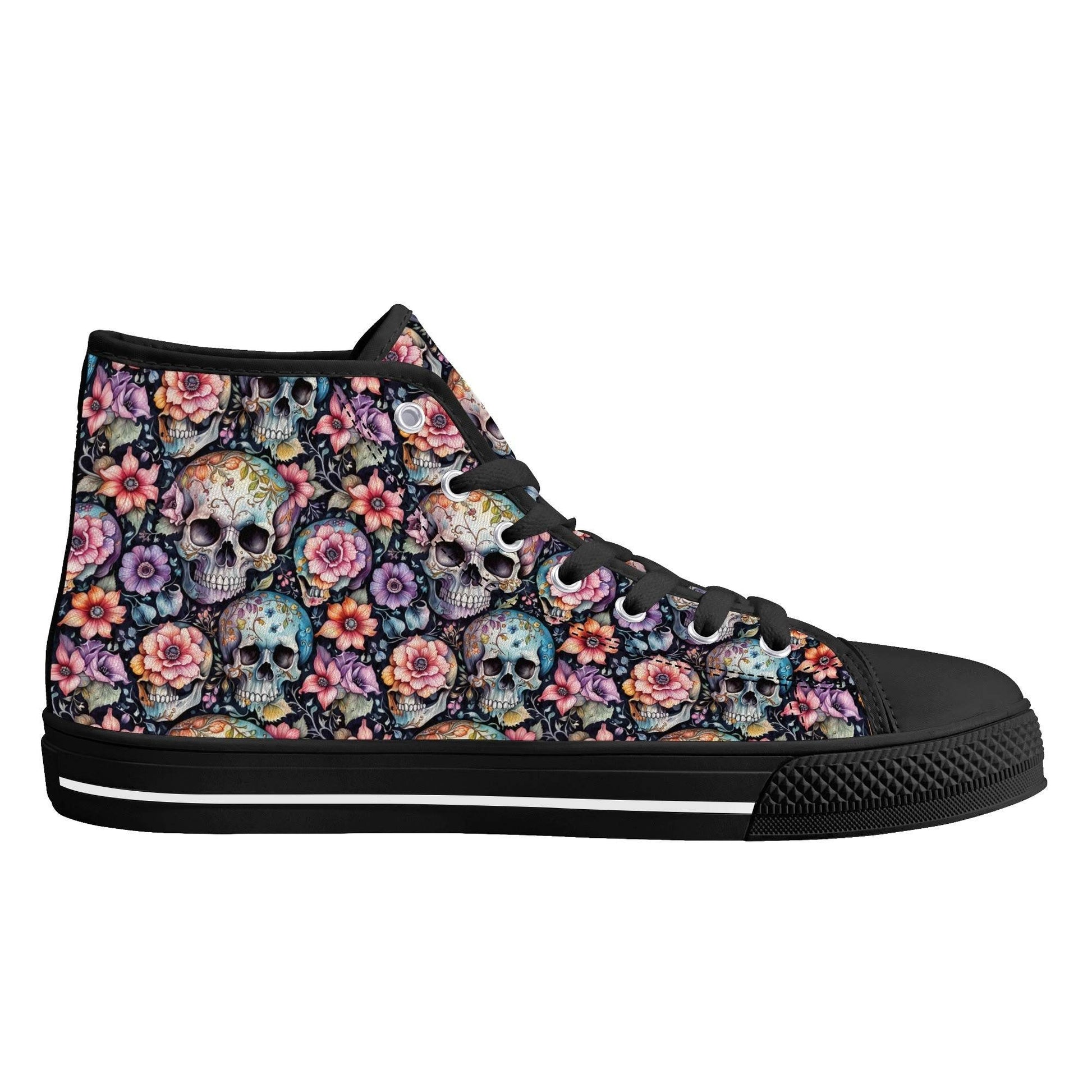 Pastel Floral and Skulls Women's High Top Canvas Shoes - DeRose Seasonal