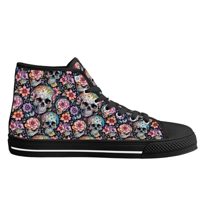 Pastel Floral and Skulls Women's High Top Canvas Shoes - DeRose Seasonal
