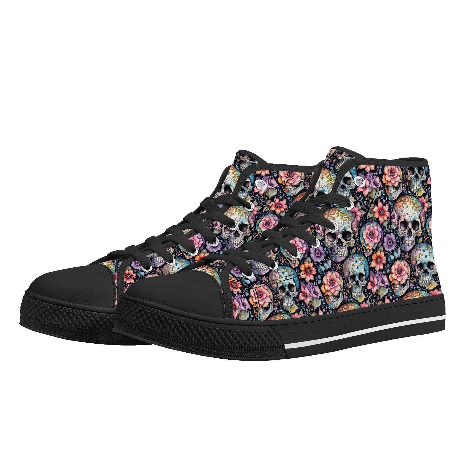 Pastel Floral and Skulls Women's High Top Canvas Shoes - DeRose Seasonal