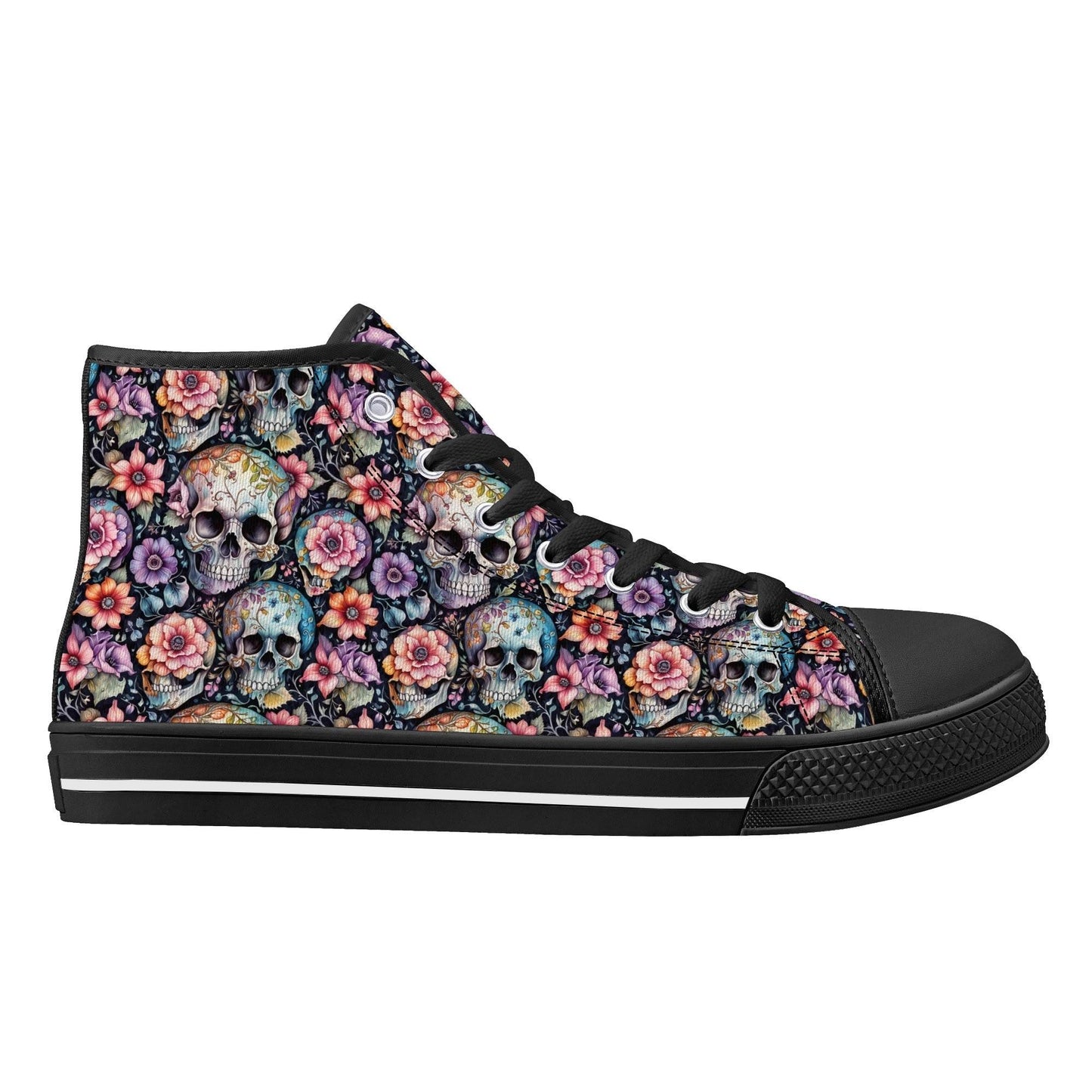 Pastel Floral and Skulls Women's High Top Canvas Shoes - DeRose Seasonal