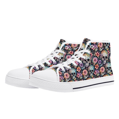 Pastel Floral and Skulls Women's High Top Canvas Shoes - DeRose Seasonal