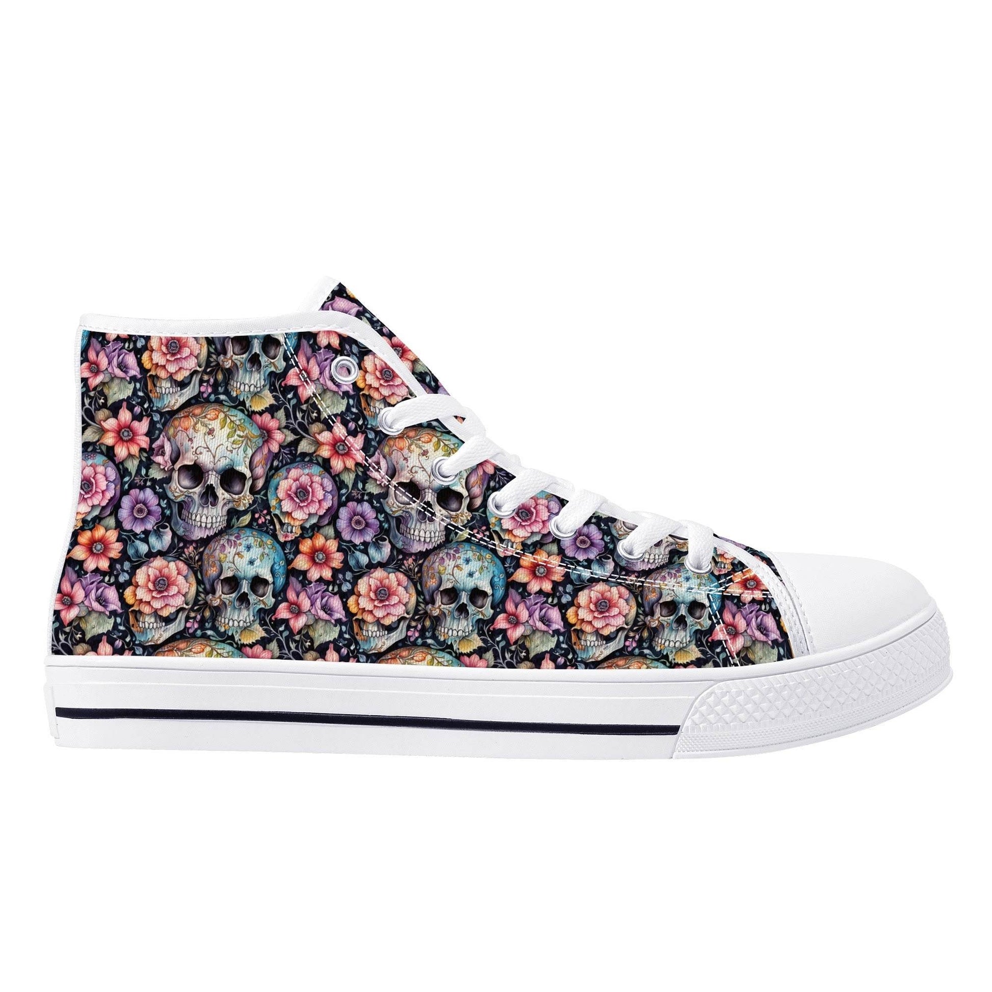 Pastel Floral and Skulls Women's High Top Canvas Shoes - DeRose Seasonal
