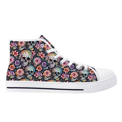 Pastel Floral and Skulls Women's High Top Canvas Shoes - DeRose Seasonal