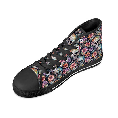 Pastel Floral and Skulls Women's High Top Canvas Shoes - DeRose Seasonal