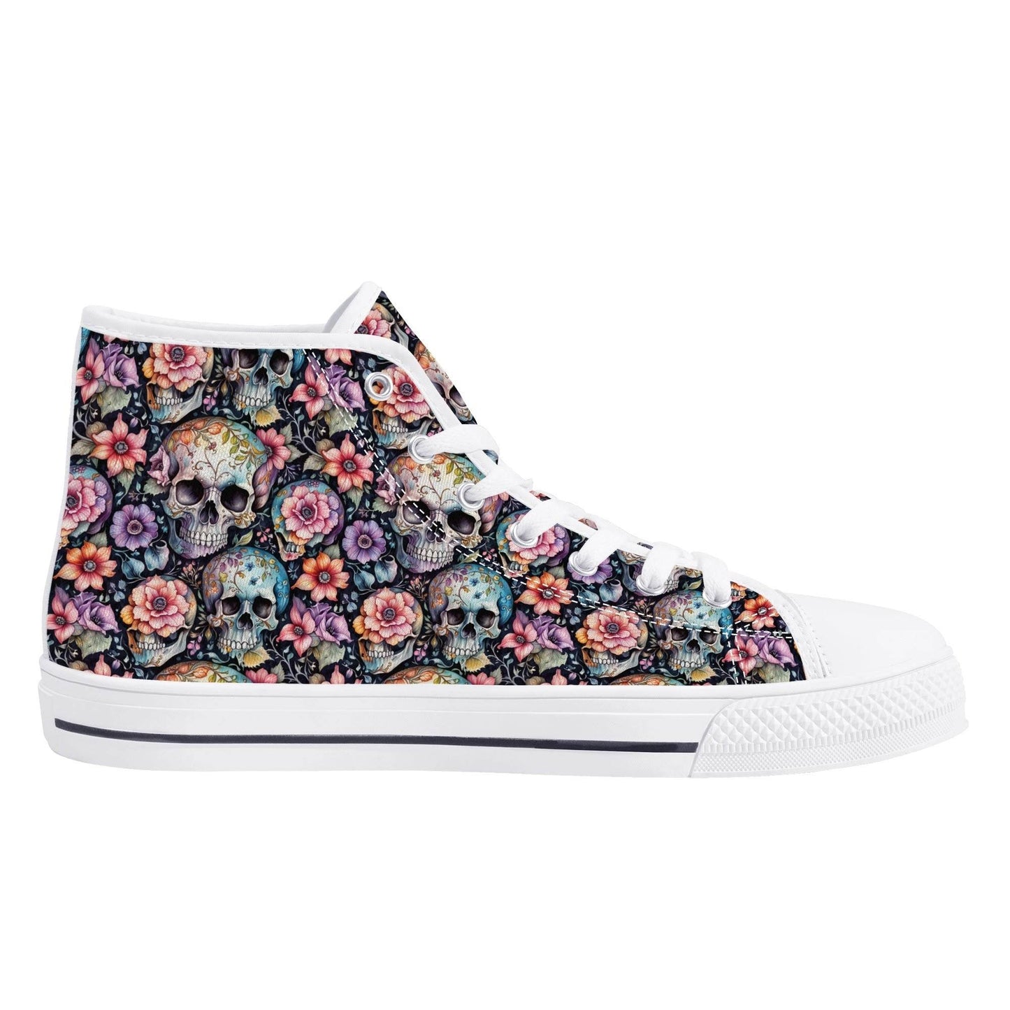 Pastel Floral and Skulls Women's High Top Canvas Shoes - DeRose Seasonal