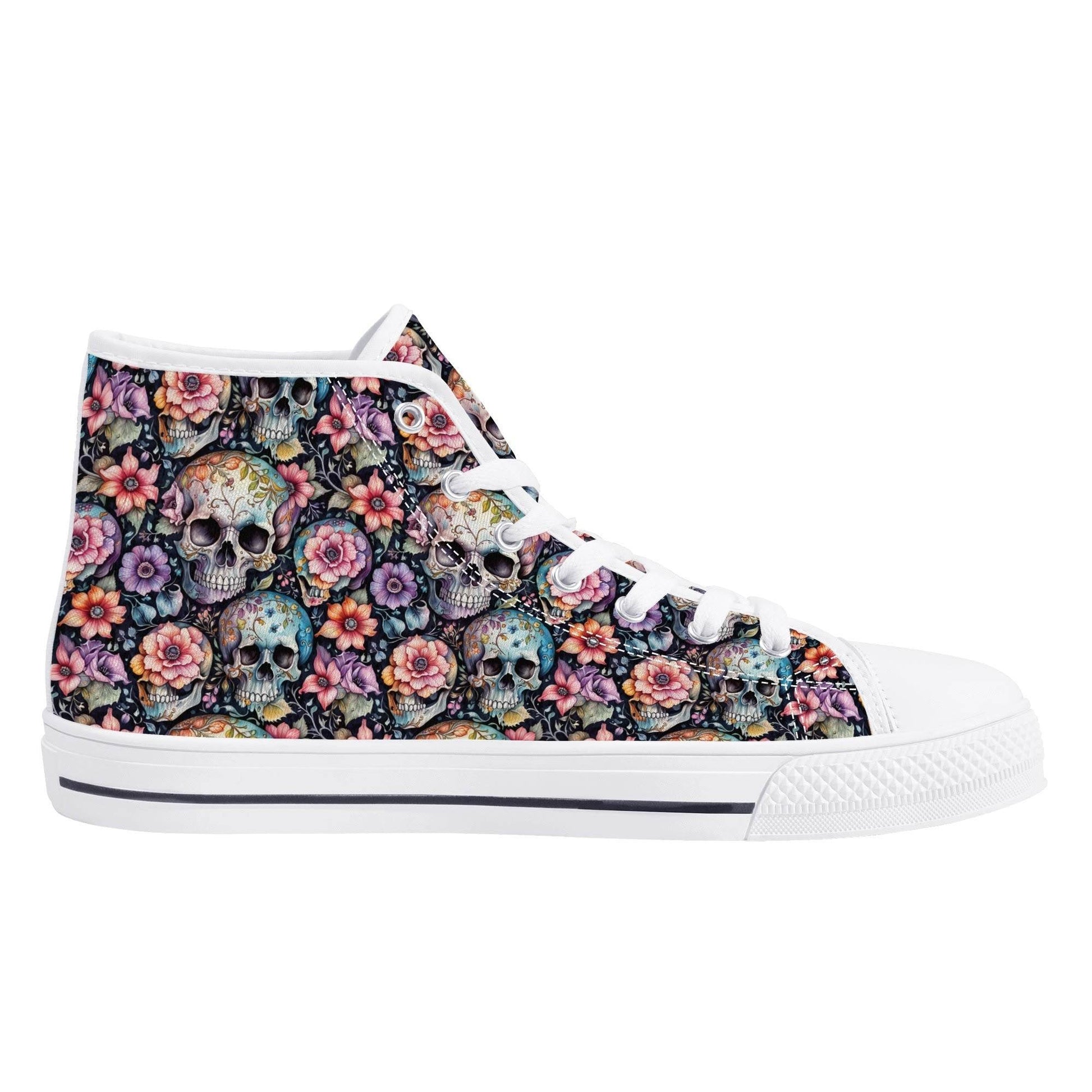 Pastel Floral and Skulls Women's High Top Canvas Shoes - DeRose Seasonal