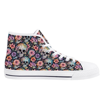 Pastel Floral and Skulls Women's High Top Canvas Shoes - DeRose Seasonal