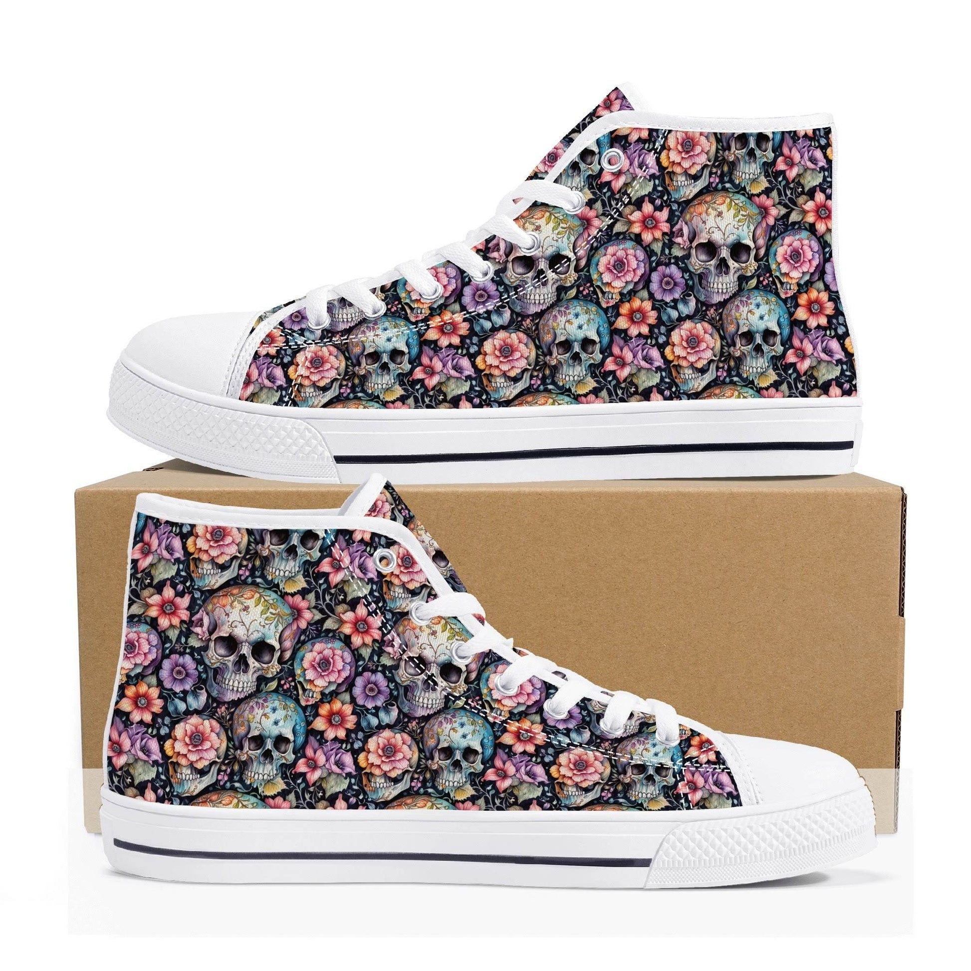 Pastel Floral and Skulls Women's High Top Canvas Shoes - DeRose Seasonal