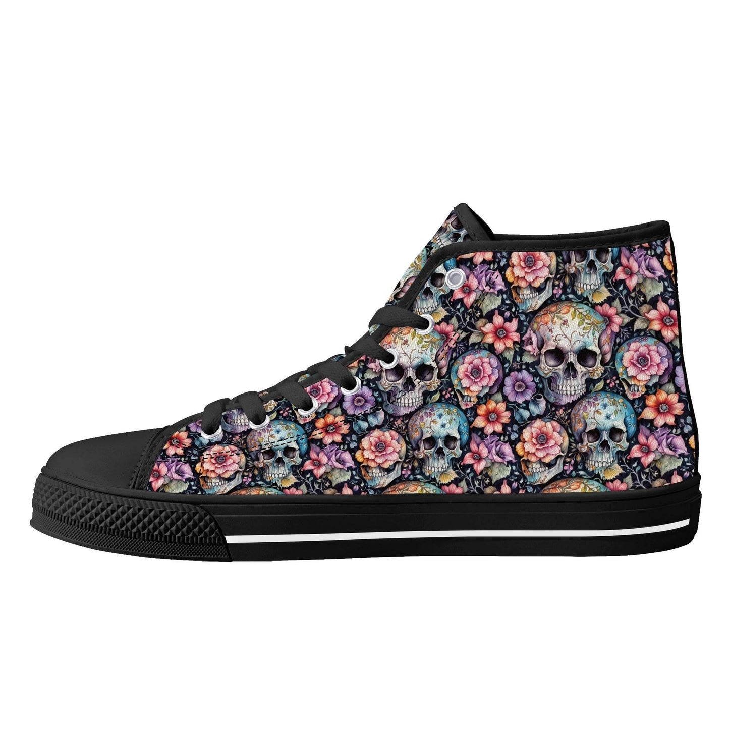 Pastel Floral and Skulls Women's High Top Canvas Shoes - DeRose Seasonal