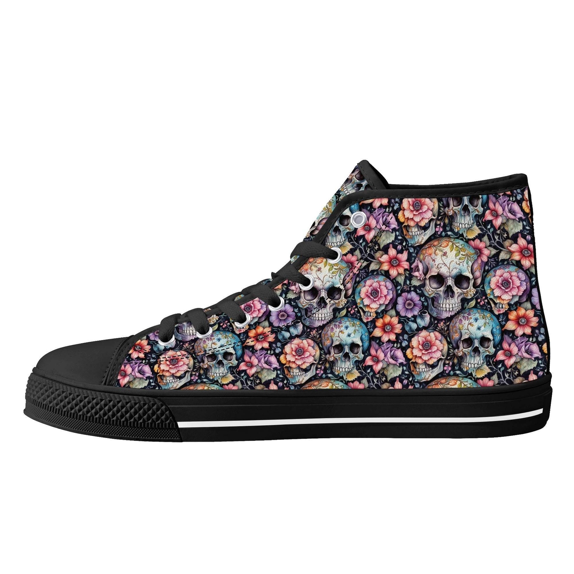 Pastel Floral and Skulls Women's High Top Canvas Shoes - DeRose Seasonal