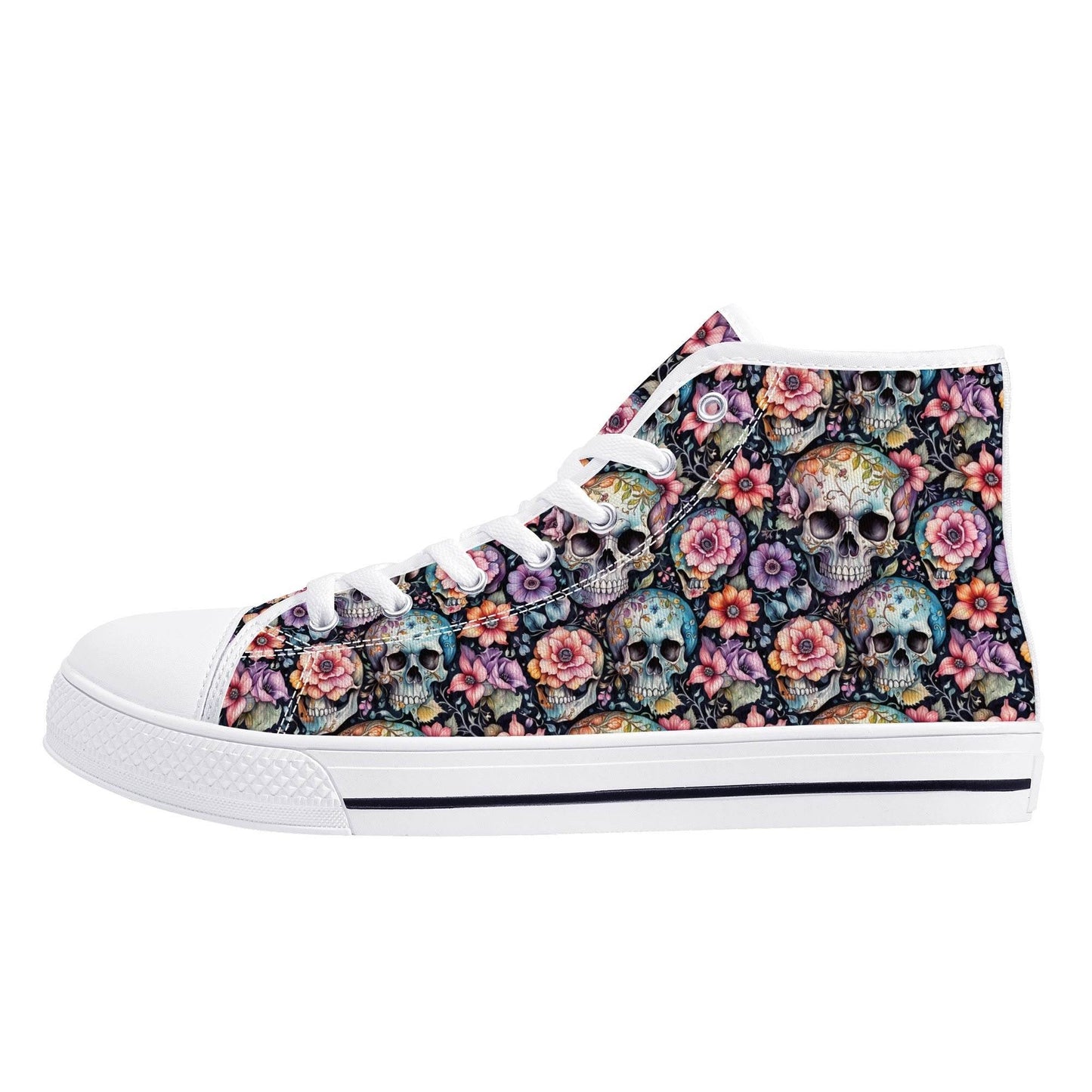 Pastel Floral and Skulls Women's High Top Canvas Shoes - DeRose Seasonal