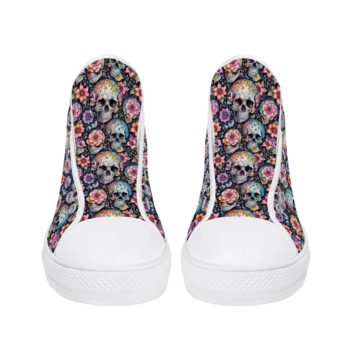 Pastel Floral and Skulls Women's High Top Canvas Shoes - DeRose Seasonal
