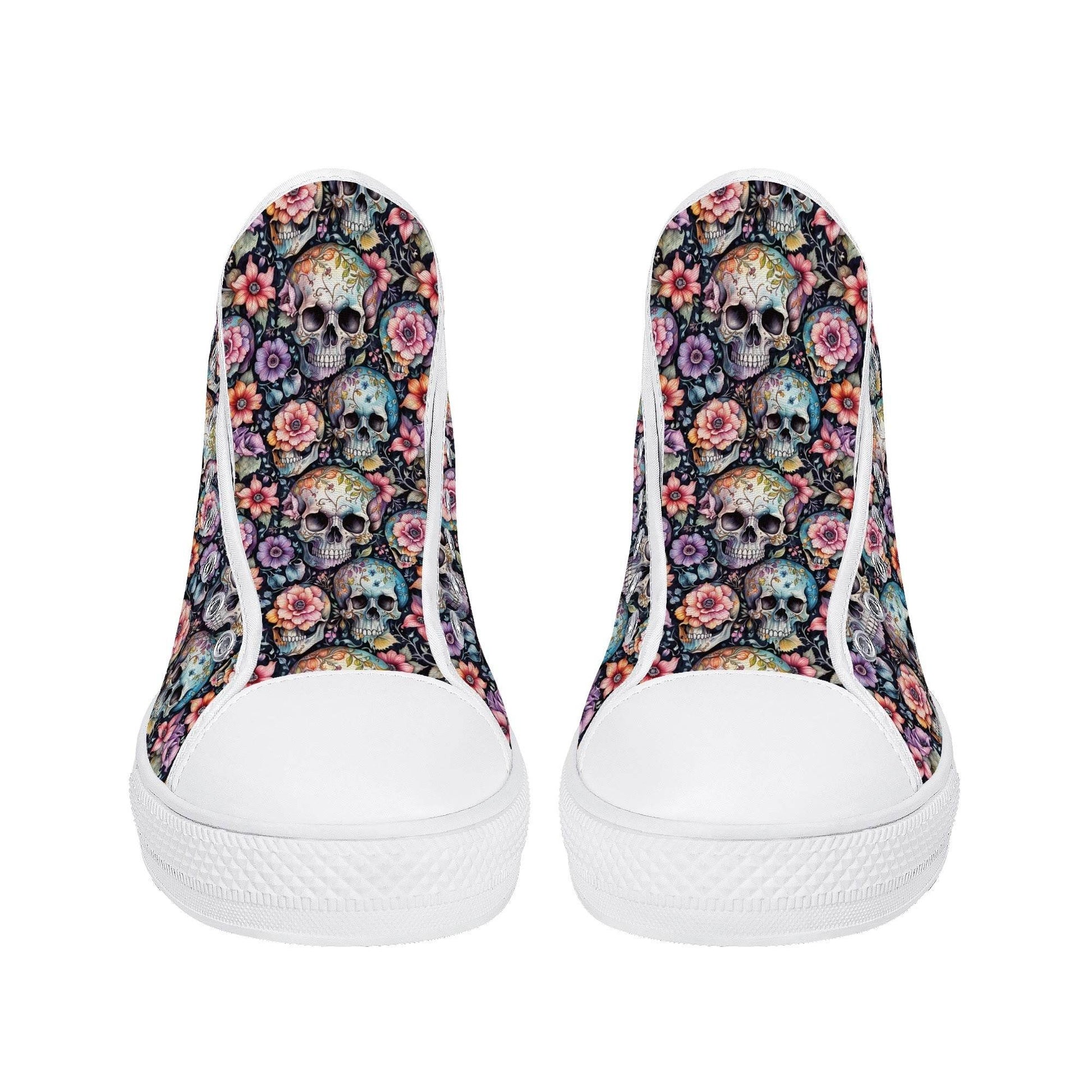 Pastel Floral and Skulls Women's High Top Canvas Shoes - DeRose Seasonal