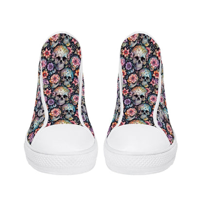 Pastel Floral and Skulls Women's High Top Canvas Shoes - DeRose Seasonal