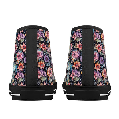 Pastel Floral and Skulls Women's High Top Canvas Shoes - DeRose Seasonal