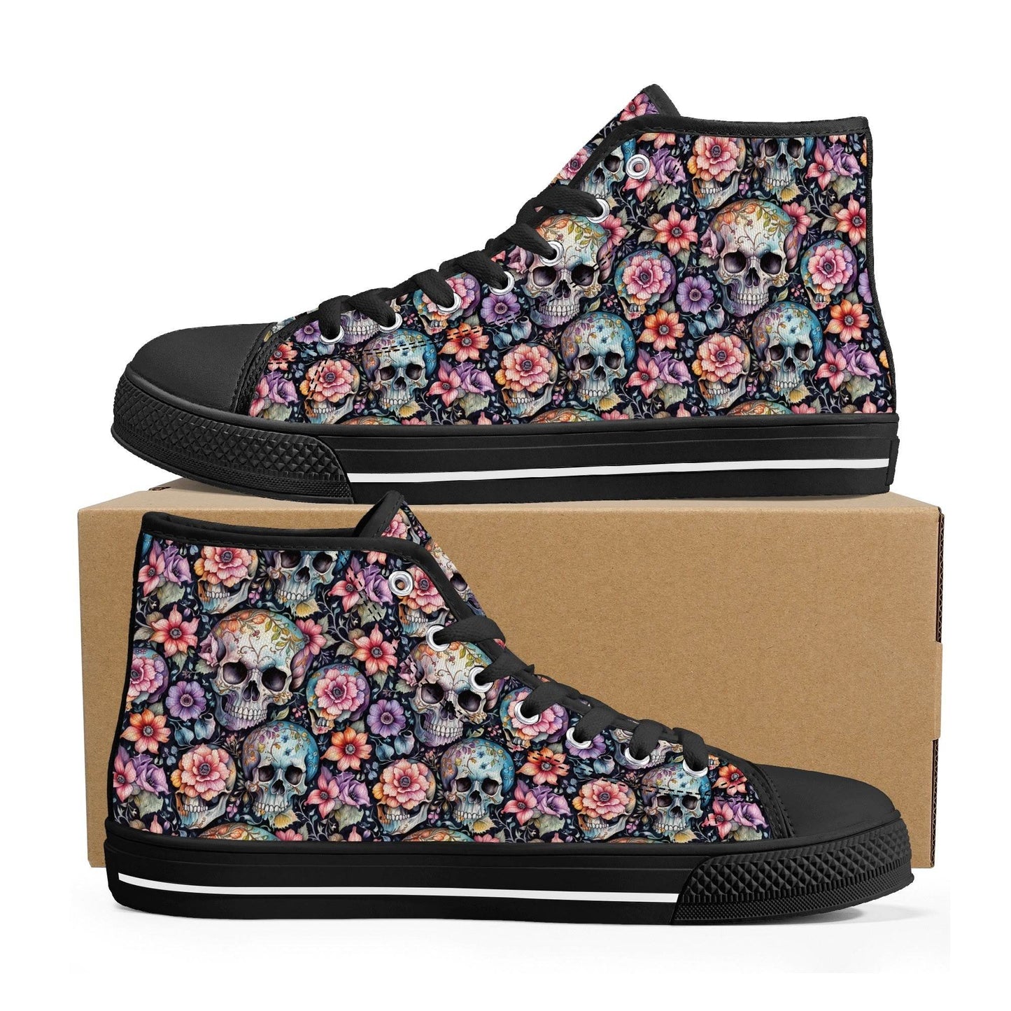 Pastel Floral and Skulls Women's High Top Canvas Shoes - DeRose Seasonal