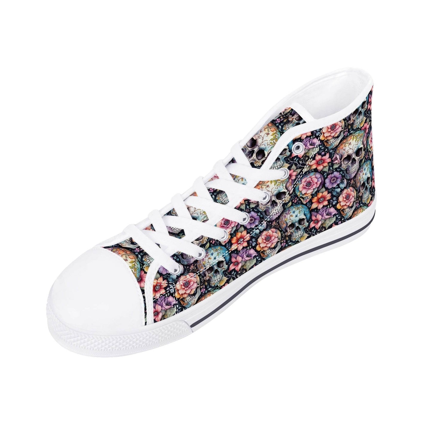 Pastel Floral and Skulls Women's High Top Canvas Shoes - DeRose Seasonal
