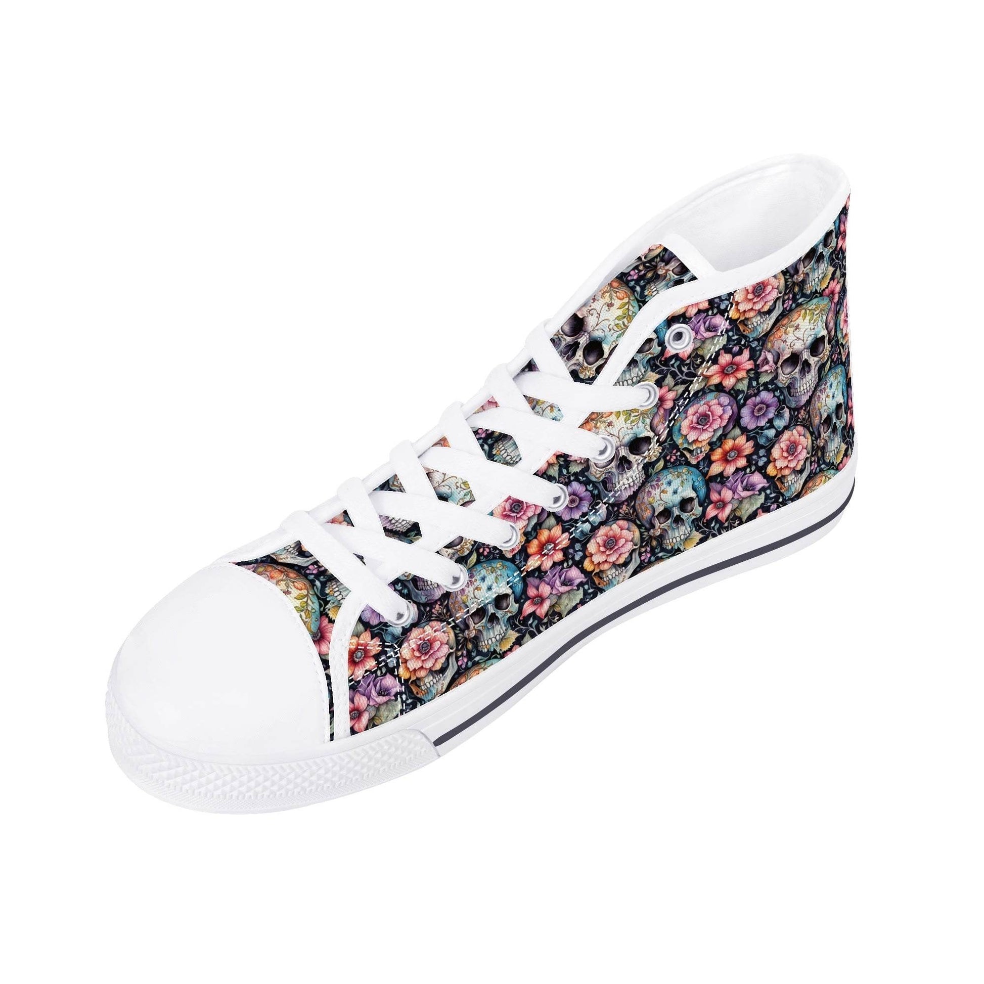 Pastel Floral and Skulls Women's High Top Canvas Shoes - DeRose Seasonal
