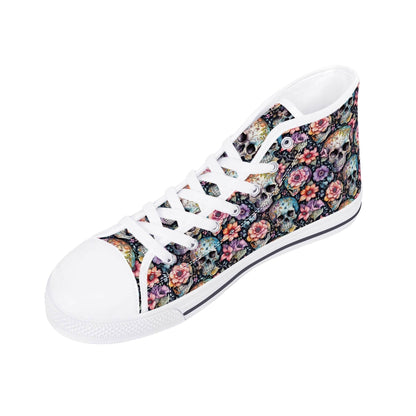 Pastel Floral and Skulls Women's High Top Canvas Shoes - DeRose Seasonal