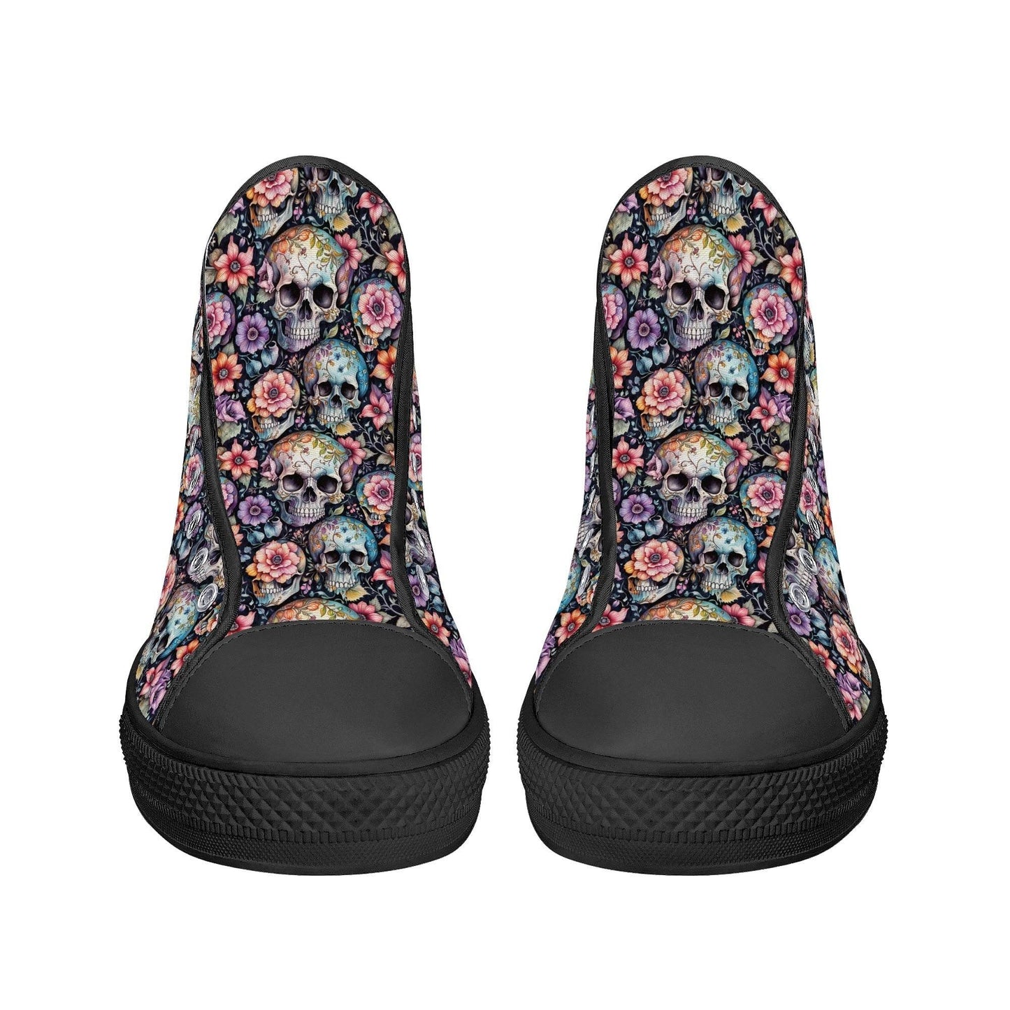 Pastel Floral and Skulls Women's High Top Canvas Shoes - DeRose Seasonal