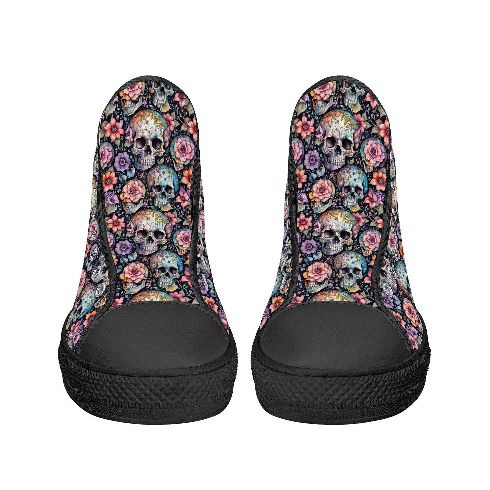 Pastel Floral and Skulls Women's High Top Canvas Shoes - DeRose Seasonal