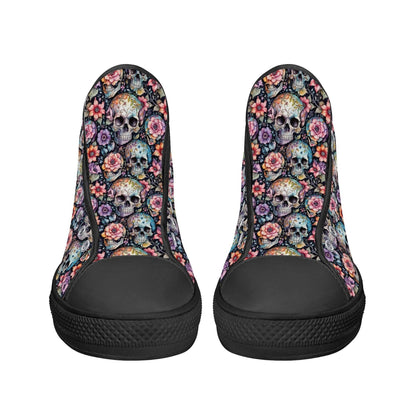 Pastel Floral and Skulls Women's High Top Canvas Shoes - DeRose Seasonal