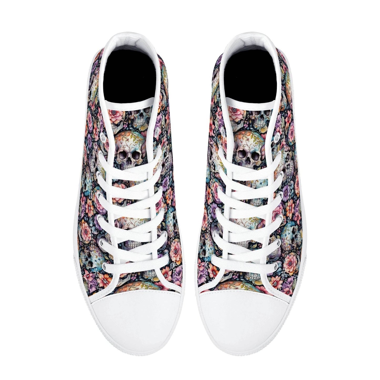 Pastel Floral and Skulls Women's High Top Canvas Shoes - DeRose Seasonal