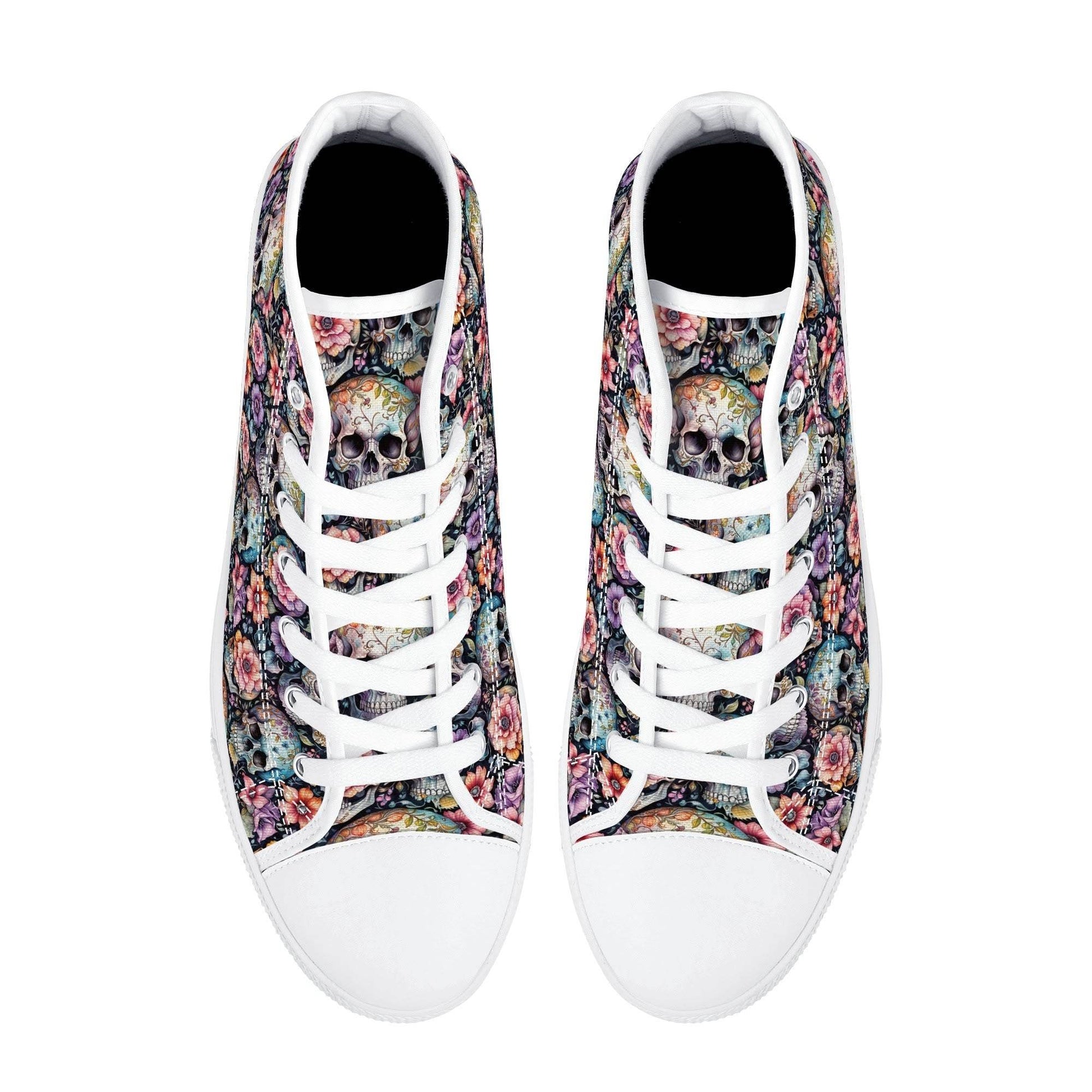 Pastel Floral and Skulls Women's High Top Canvas Shoes - DeRose Seasonal