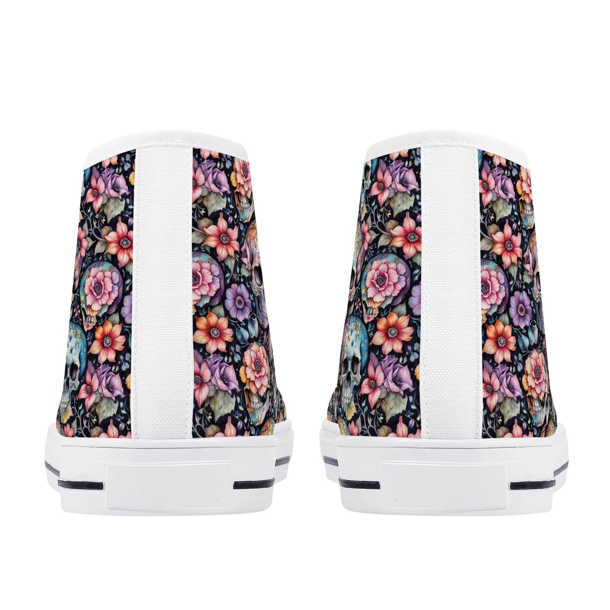 Pastel Floral and Skulls Women's High Top Canvas Shoes - DeRose Seasonal