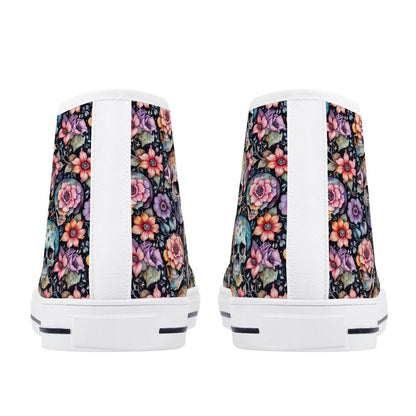 Pastel Floral and Skulls Women's High Top Canvas Shoes - DeRose Seasonal
