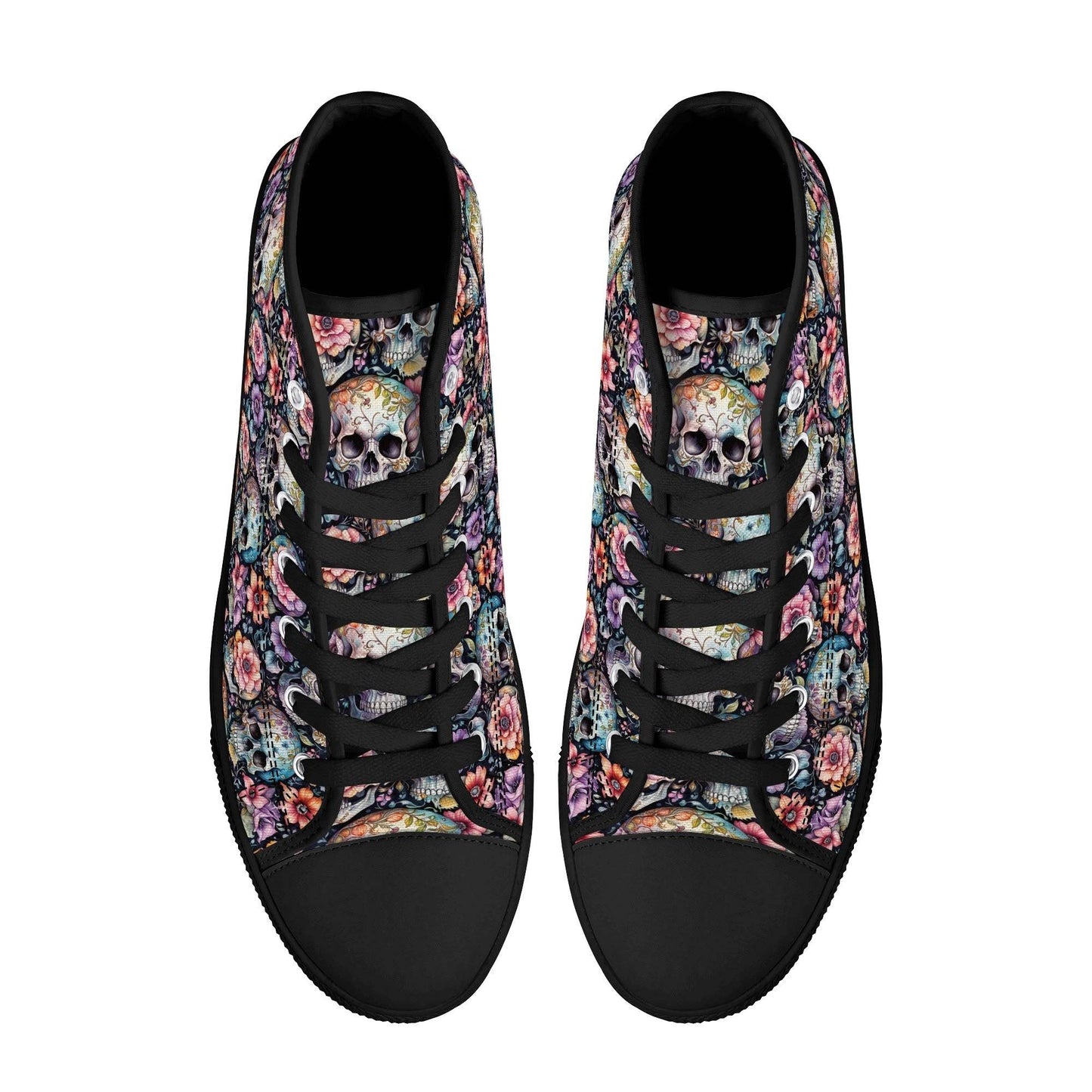 Pastel Floral and Skulls Women's High Top Canvas Shoes - DeRose Seasonal