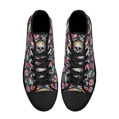 Pastel Floral and Skulls Women's High Top Canvas Shoes - DeRose Seasonal