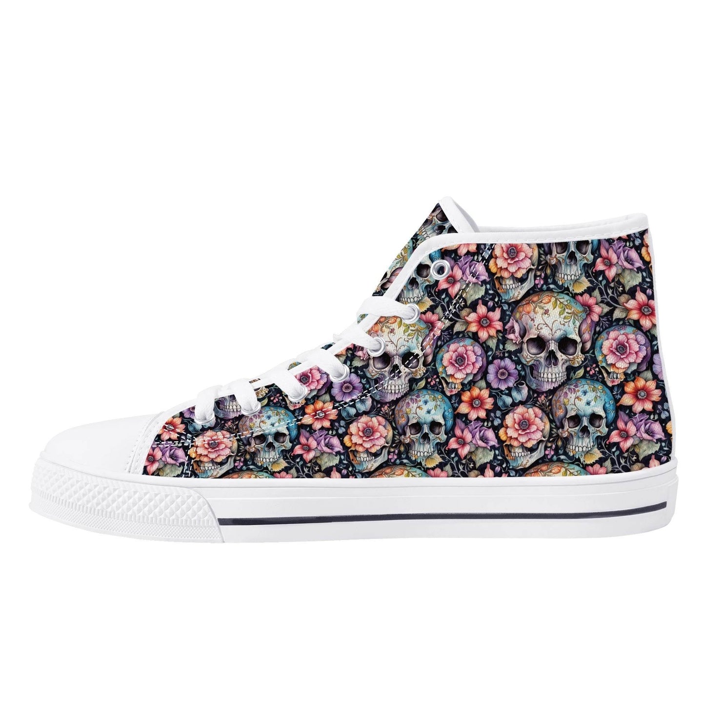 Pastel Floral and Skulls Women's High Top Canvas Shoes - DeRose Seasonal